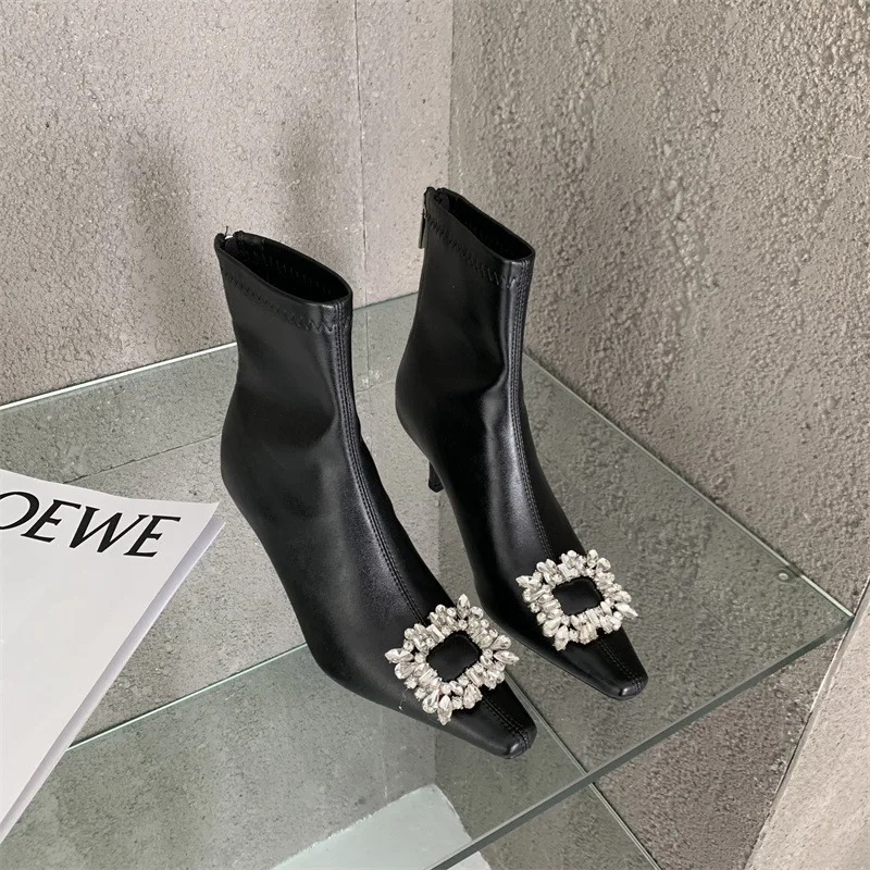 Fashion Women Ankle Boots Autumn Winter Stretch Shoes Rhinestone Crystal Buckle Thin Mid Heels Side Zipper High  Silver