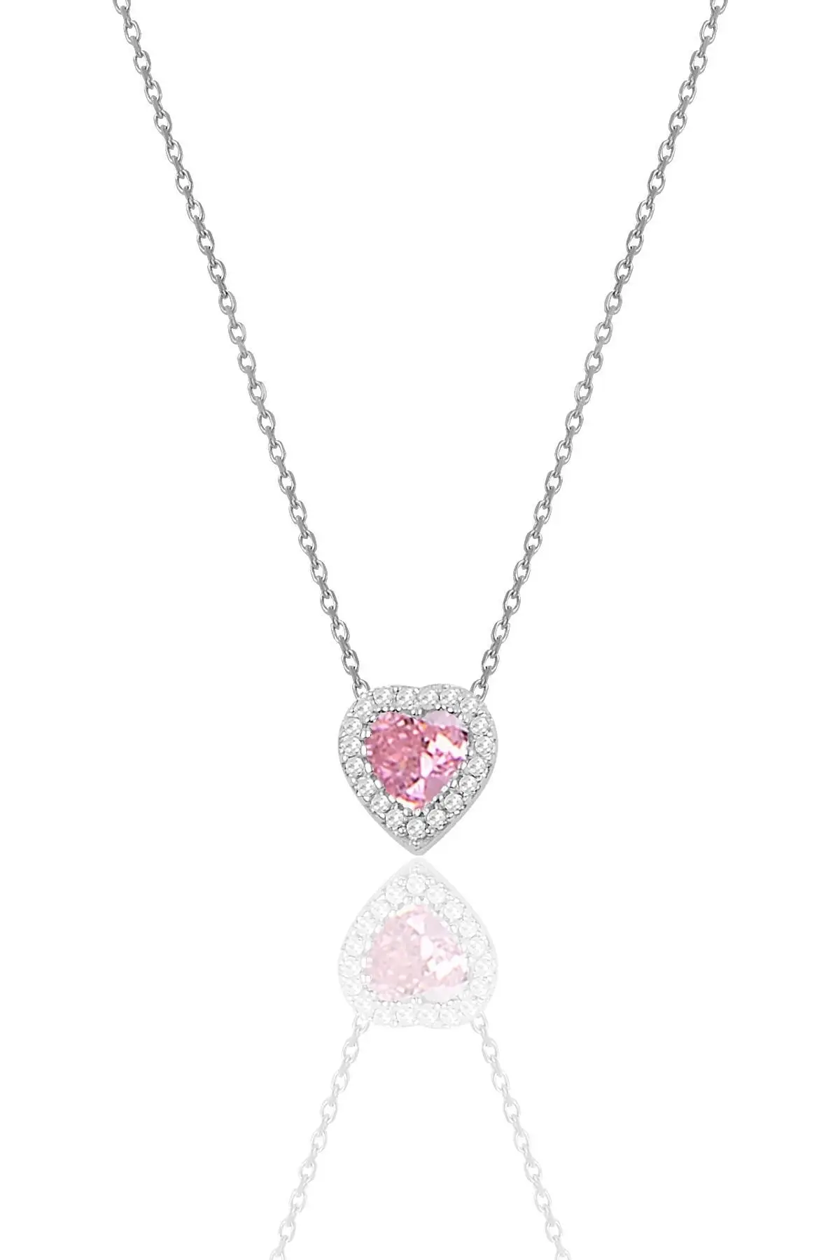 

Silver Rhodium Diamond Model Pink Zircon Stone Heart Necklace