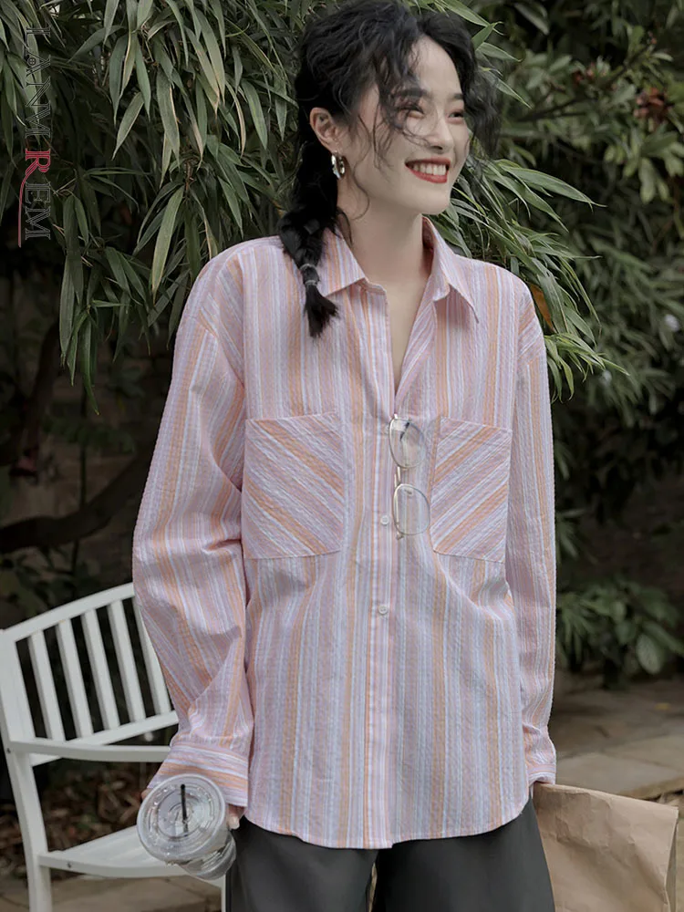

LANMREM Striped Shirt Women's Thin High End New Single Breasted Long Sleeves Shirts For Women 2022 Autumn Fashion Top 2R3628