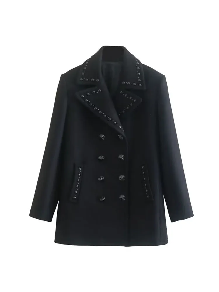 

BSK&ZA&TRF 8539744 Women 2022 New Fashion Rivet Blending Overcoat Coat Vintage Long Sleeve Female Outerwear Tops 8539/744
