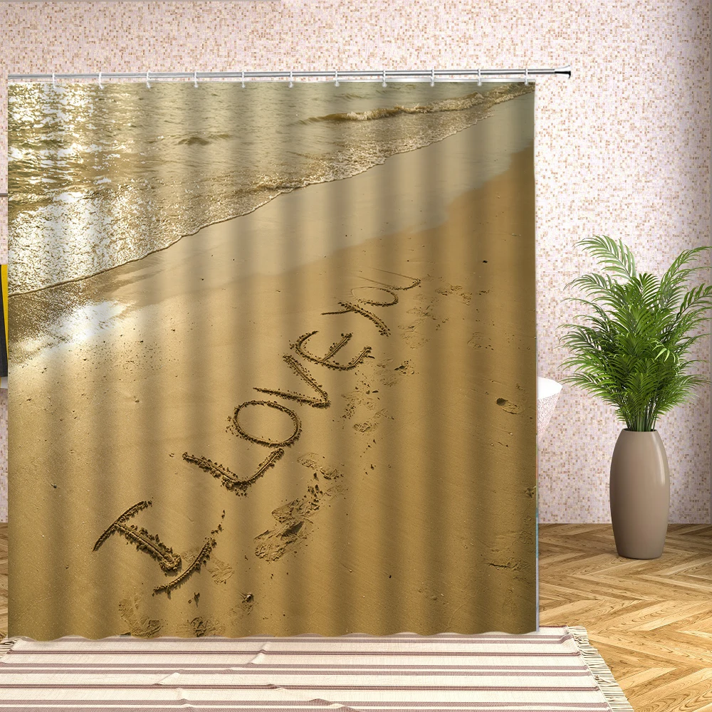 

Beach Shower CurtainBeach Ocean Waves Romantic Photo Celebration Cloth Fabric Bathroom Decor with Hooks Waterproof Bath Curtains