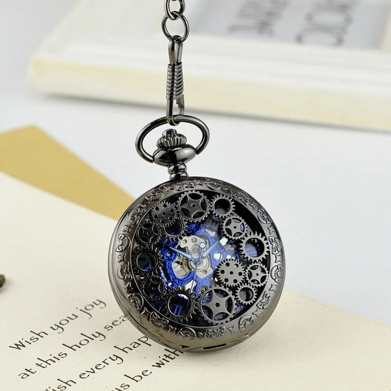 Luxury Mechanical Bronze Gold Pocket Watch for Men Women Skeleton Gear Roman Numeral Dial Fob Chain Pendant Clock for Collection