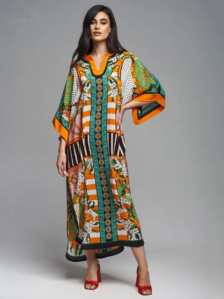 

EDOLYNSA Bohemian Printed 3/4 Sleeve Long Kaftan Casual Dress Spring Autumn 2023 Clothing Women Beach Wear Maxi Dress Robe Q1486
