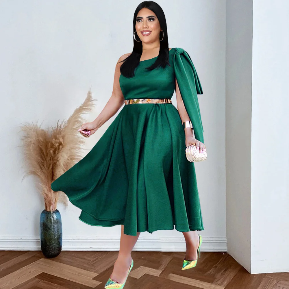

Large Plus Size Dresses For Women New Summer Female Sexy One Shoulder Big Swing Dress Green Skinny Dress