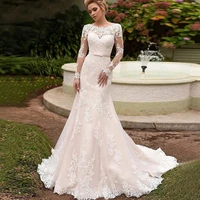 luojo a line wedding dress o neck elegant sexy white long sleeves lace up vestido de novia bride dresses robe mariee