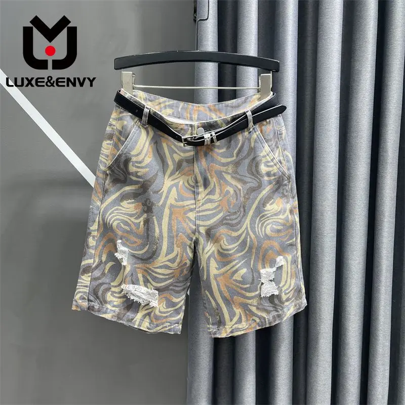 

Women's Summer New Personalized Print High Waist Korean Version Five Piece Straight Leg Pants Fashion Show Thin