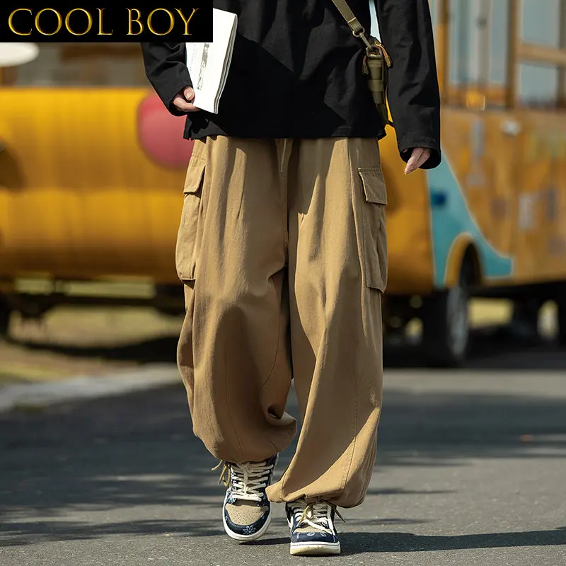 J GIRLS 2022 New Autumn Men Wide Leg Pants Side Pockets Black Khaki Loose Long Baggy Trousers Fashion  Hip Hop Cargo Pants Man