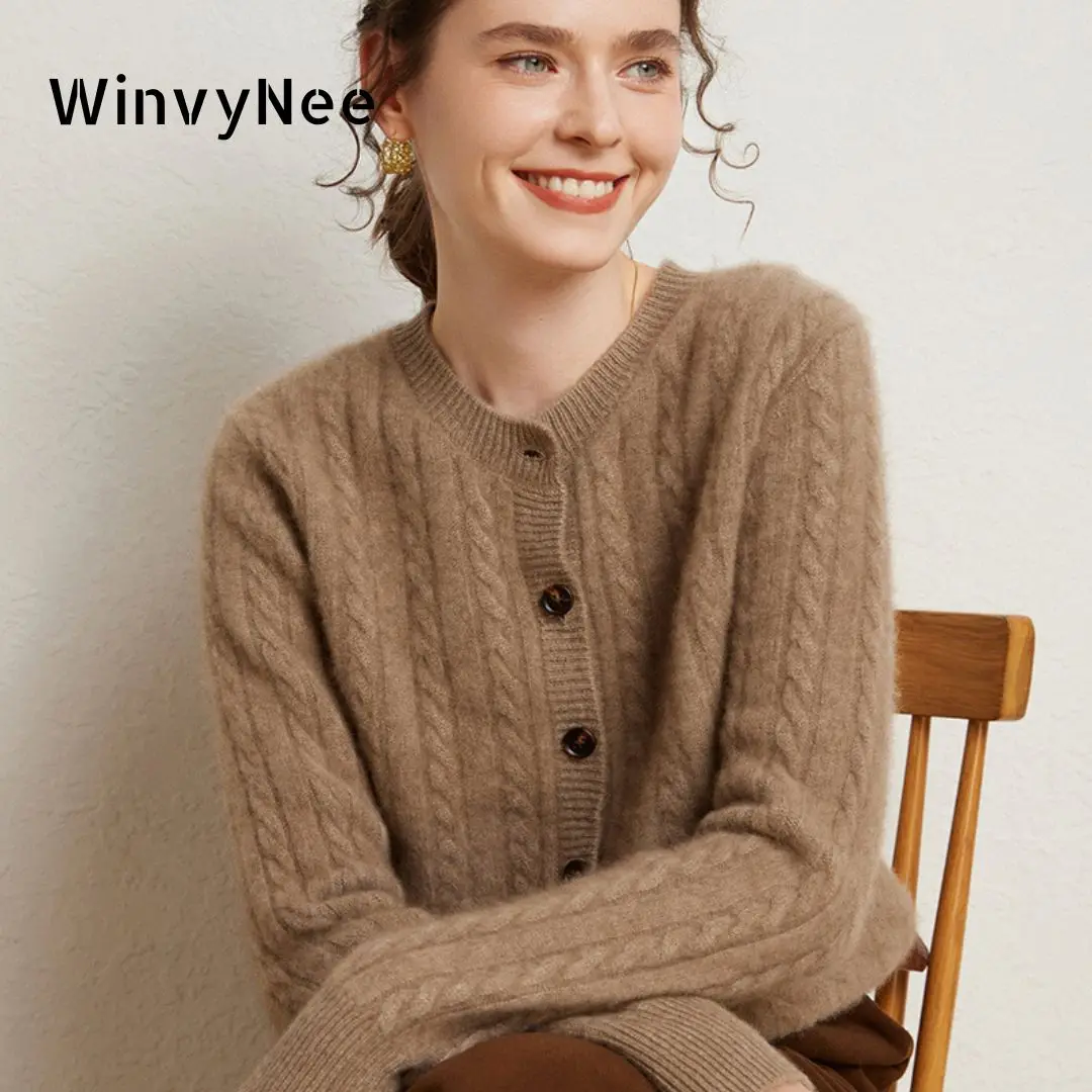 Фото Женские кашемировые шерстяные кардиганы WinvyNee, однотонные повседневные свитера с круглым вырезом, длинными рукавами, вязаные изделия с узором косы, зимняя блузка-пальто B1054040 №1