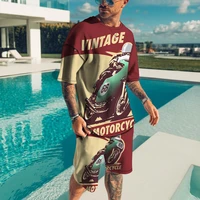 new fashion american route 66 letters print oversized mens shorts suit retro t shirt clothes and shorts set sweater