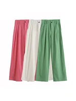 women fashion cotton linen wide leg pants with side pocket vintage y2k female loose trousers