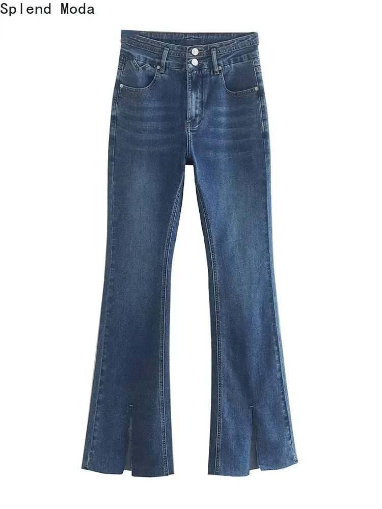 

TRAF 2023 Women Spring Fashion Streetwear Style Elastic Denim Flared Pants Young Mid Waist Zipper Fly Trousers Chic Slit Jeans