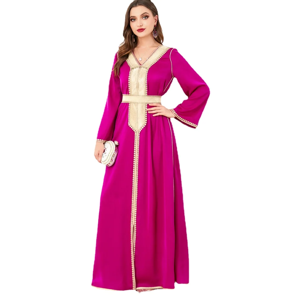 

Party Dress Women Elegant Luxury Gold V Neck Belt Rose Red Satin Long Sleeves 2 Piece Sets Women Outfit Dress
