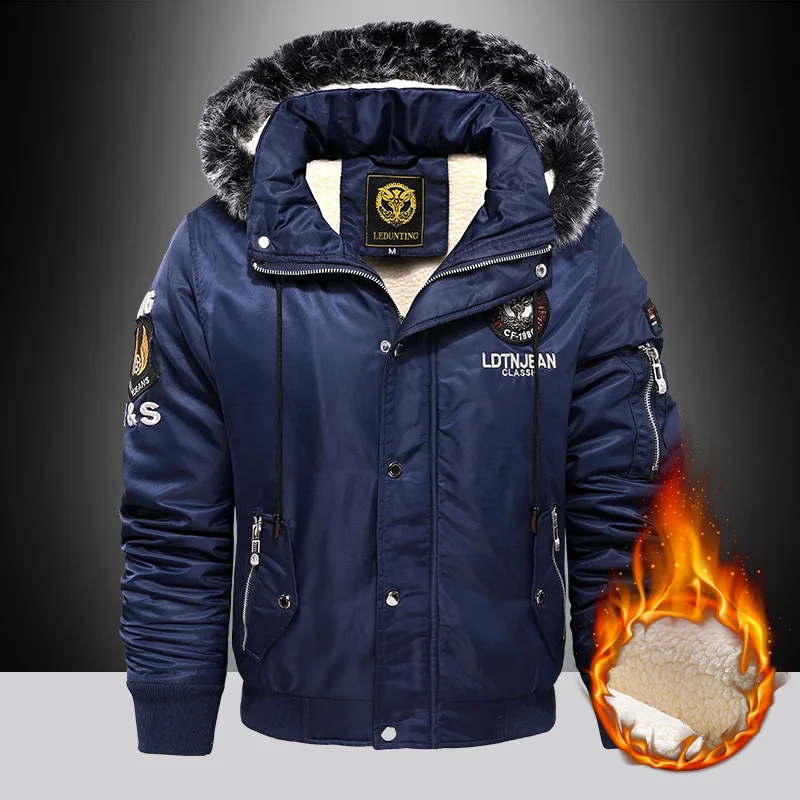 Winter 2022 Thicken Thermal Hooded Jacket Lamb Wool Cotton Clothes Men's Casual Fashion Handsome Embroidery Windproof Overcoat