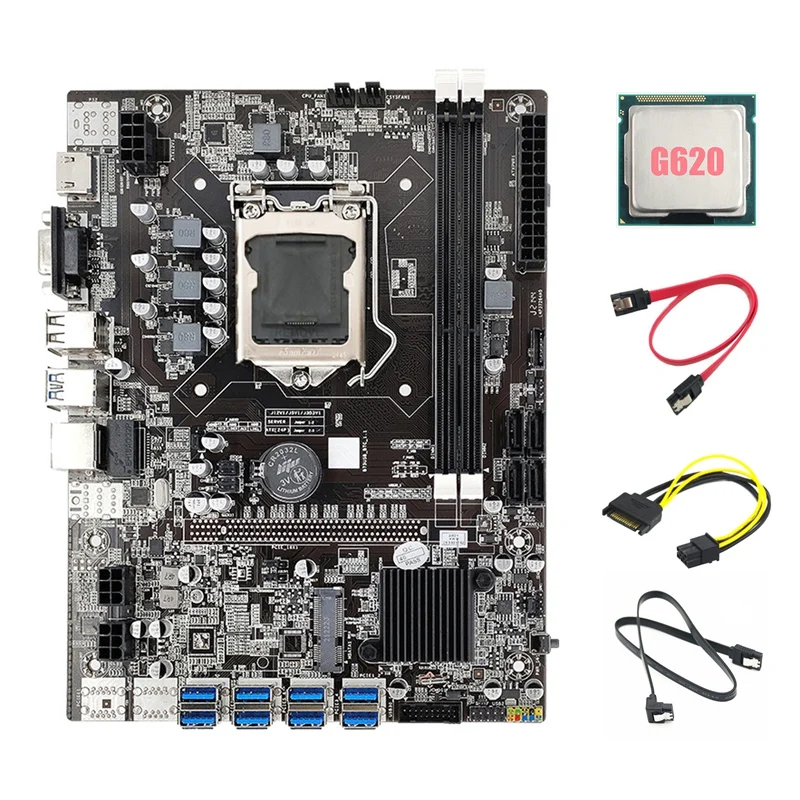 

B75 ETH Mining Motherboard 8XUSB+G620 CPU+2XSATA Cable+SATA 15Pin To 6Pin Cable LGA1155 B75 USB Miner Motherboard
