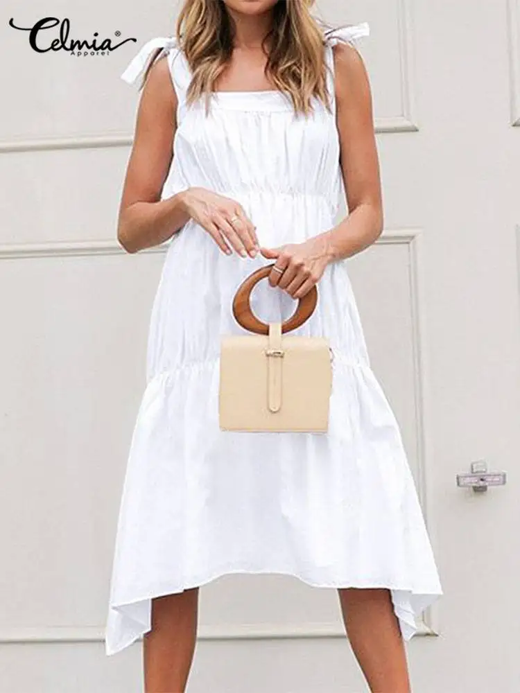 

Праздничный плиссированный многоярусный сарафан Celmia, женское летнее повседневное асимметричное платье миди без рукавов с асимметричным п...