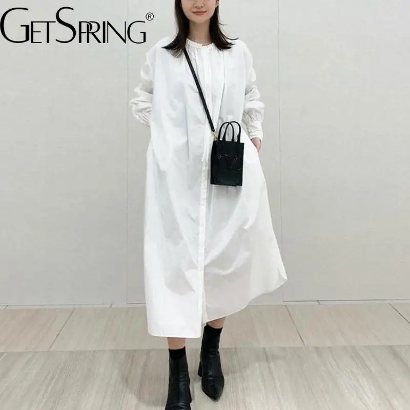 

GetSpring Women Dress Spring Summer Cotton Full Sleeve Single Breasted Loose Leisure Oversized Long Shirt Dresses Fashion 2022