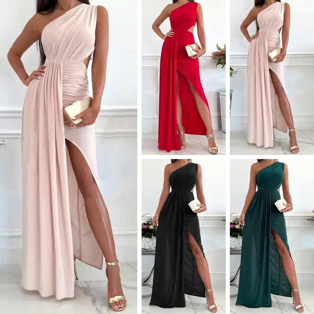 

Maxi Dress Outstanding Design Evening Dress Pleated Slim Fit Popular Oblique Shoulder High Split Evening Dress