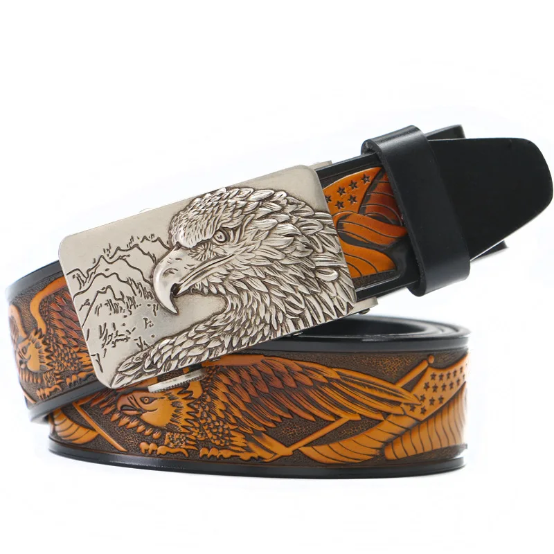 

3.5cm Width Belt For Men Genuine Leather Eagle Pattern Male Belts Luxury Brand Automatic Buckle Ratchet Waistband High Quality