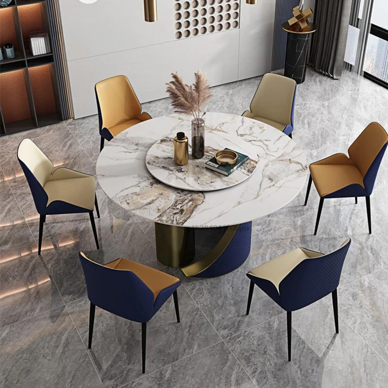 

Rock Board Dining Table With Turntable Light Luxury Modern Minimalist Small Apartment Household Round Kitchen Table And Chairs