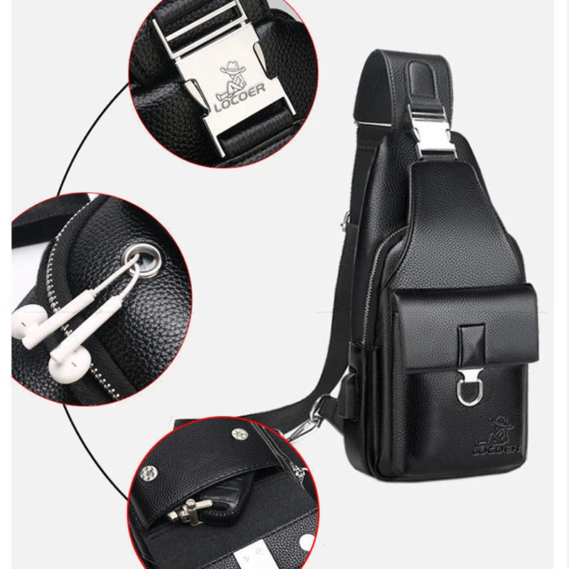 Men's Chest Bag Leisure Business Crossbody Bag Vintage 100% Genuine Leather Handbag Chest Bag USB Charging Waterproof Backpack