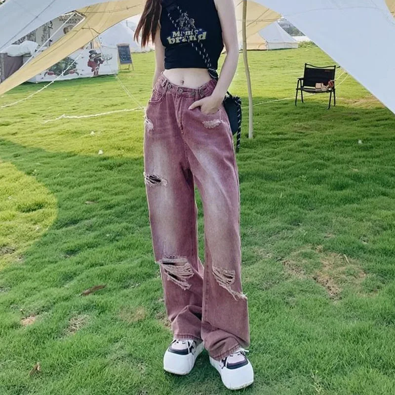Streetwear Vintage High Waist Female HOLE Denim Trousers Summer New Fashion Loose Distressed Wide Leg Pants Women's Clothing