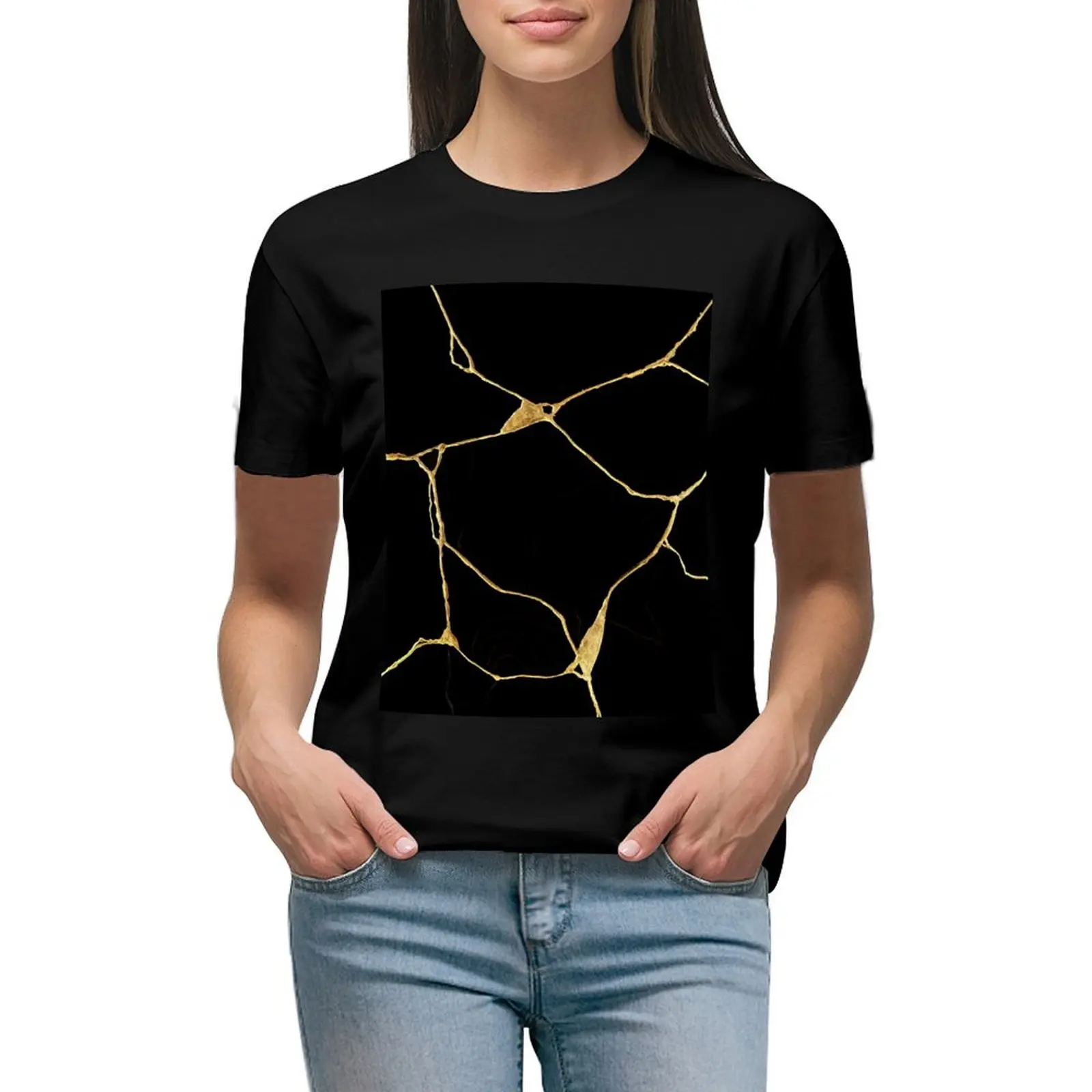 Футболка Kintsugi женская летняя в японском стиле чёрная и Золотая одежда западном