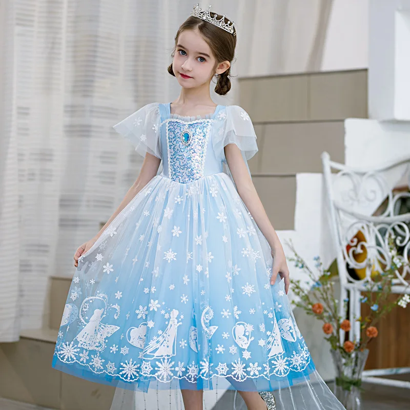 

Frozen Elsa Princess Gauze Costume For Girls Pearl Sequins Cloak Dress Kids Party Halloween Snow Queen Cosplay Carnival Dress