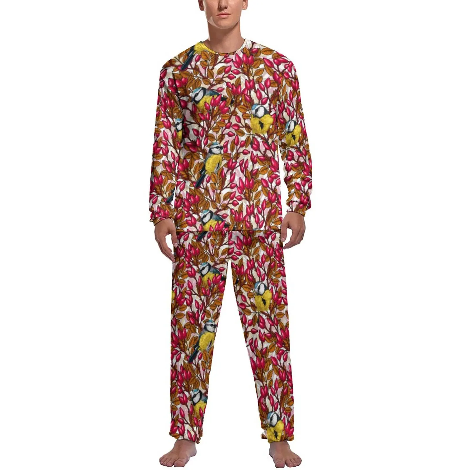 Cute Birds Pajamas Winter Dog Rose Hips Leisure Nightwear Man 2 Pieces Pattern Long Sleeve Warm Pajama Sets