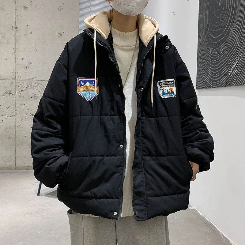 

Куртка мужская из двух частей с капюшоном, модная парка контрастных цветов в корейском стиле, черная белая теплая верхняя одежда большого размера, зимний сезон