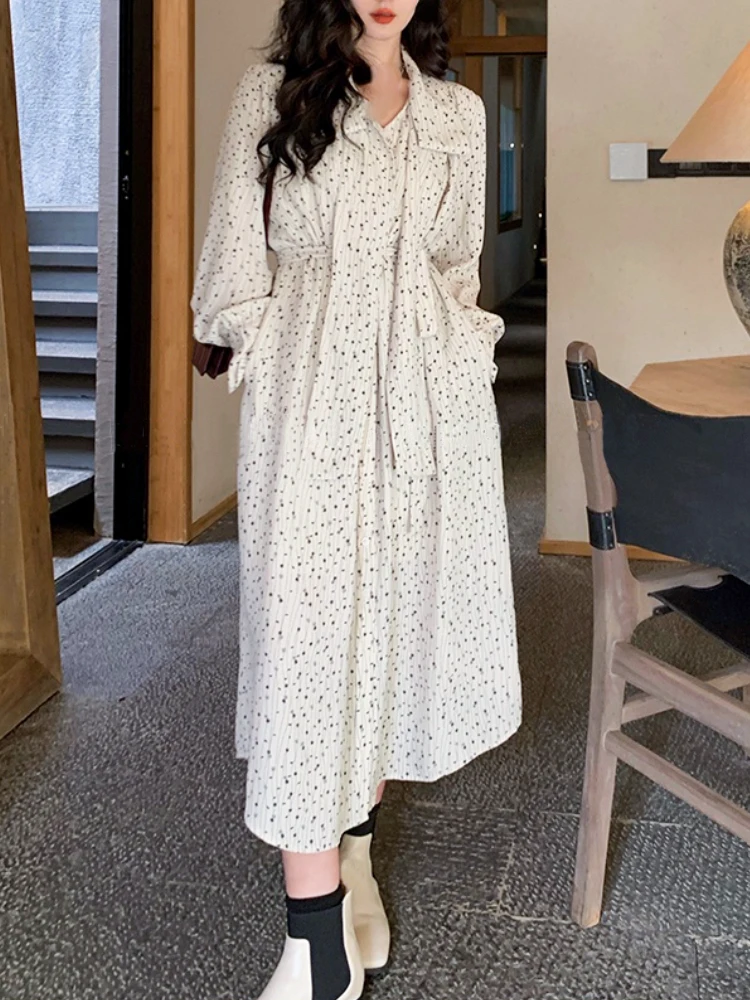 

Vintage Dot Midi Dress Women Chiffon Elegant Dress Party Office Lady Casual Belt One Piece Dress Korean Long Sleeve 2022 Spring
