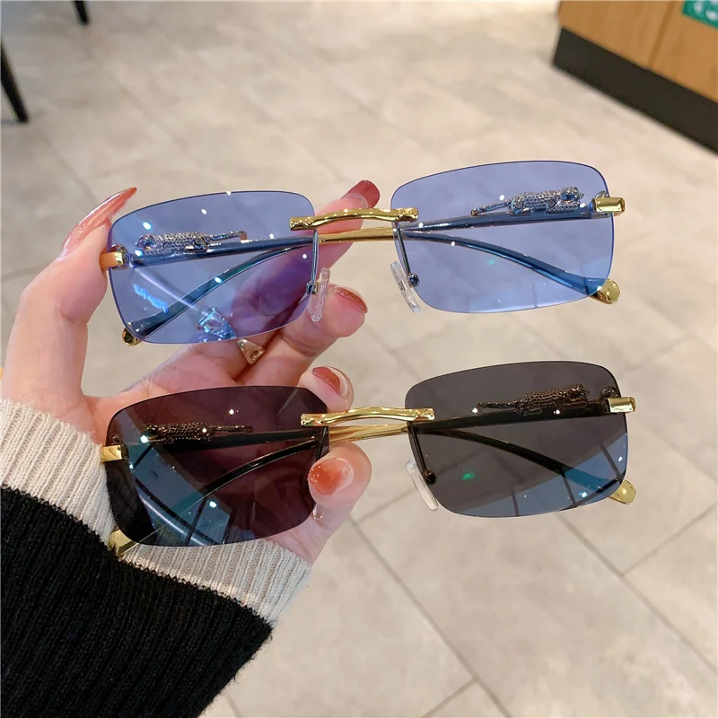 

KAMMPT Retro Sunglasses Lady Vintage Metal Cheetah Luxury Brand Designer Rimless Sun Glasses Frameless Shade Mirror UV400