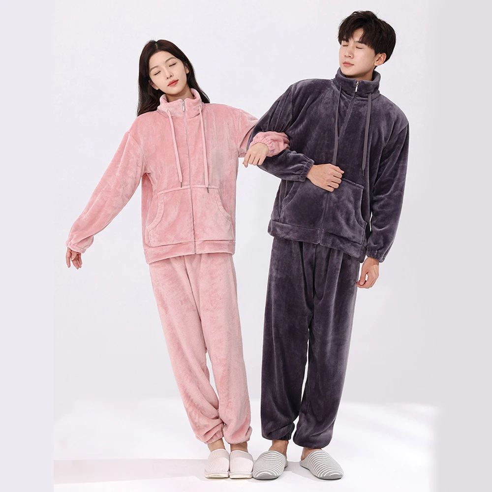 Flannel Men Pajama Pants 2 Pieces/Set Long-sleeve Pijama Suit For Women Solid Casual Loose Homewear Winter Thick Warm Sleepwear