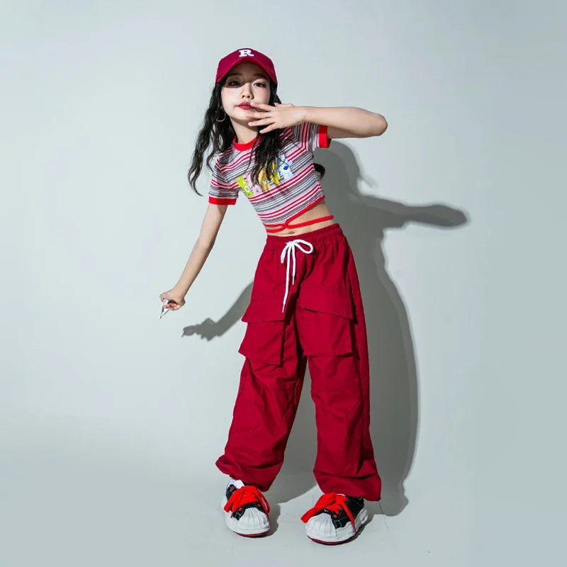 

Kids Street Jazz Clothing Crop Tank Tops TShirt Casual Joggers Red Hip Hop Pants for Girls Showing Dance Costume Teen Clothes