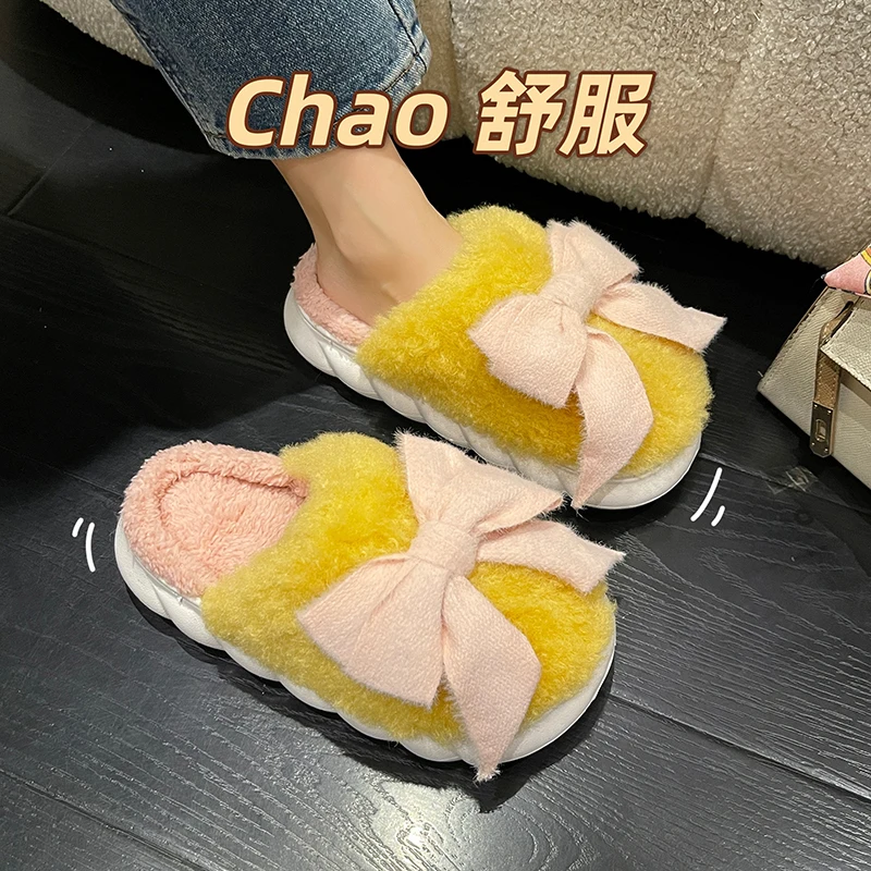 

Flat Shoes Female Womens Slippers Outdoor Flock Fur Flip Flops Cover Toe Butterfly-Knot Slides Low Pantofle Plush Massage 2022 S