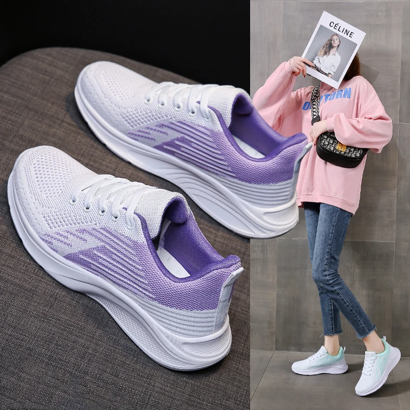 Women's Casual Shoes Breathable Walking Mesh Lace-up Flat Shoes Women's Fashionable Wearable Comfortable Casual Sports Shoes
