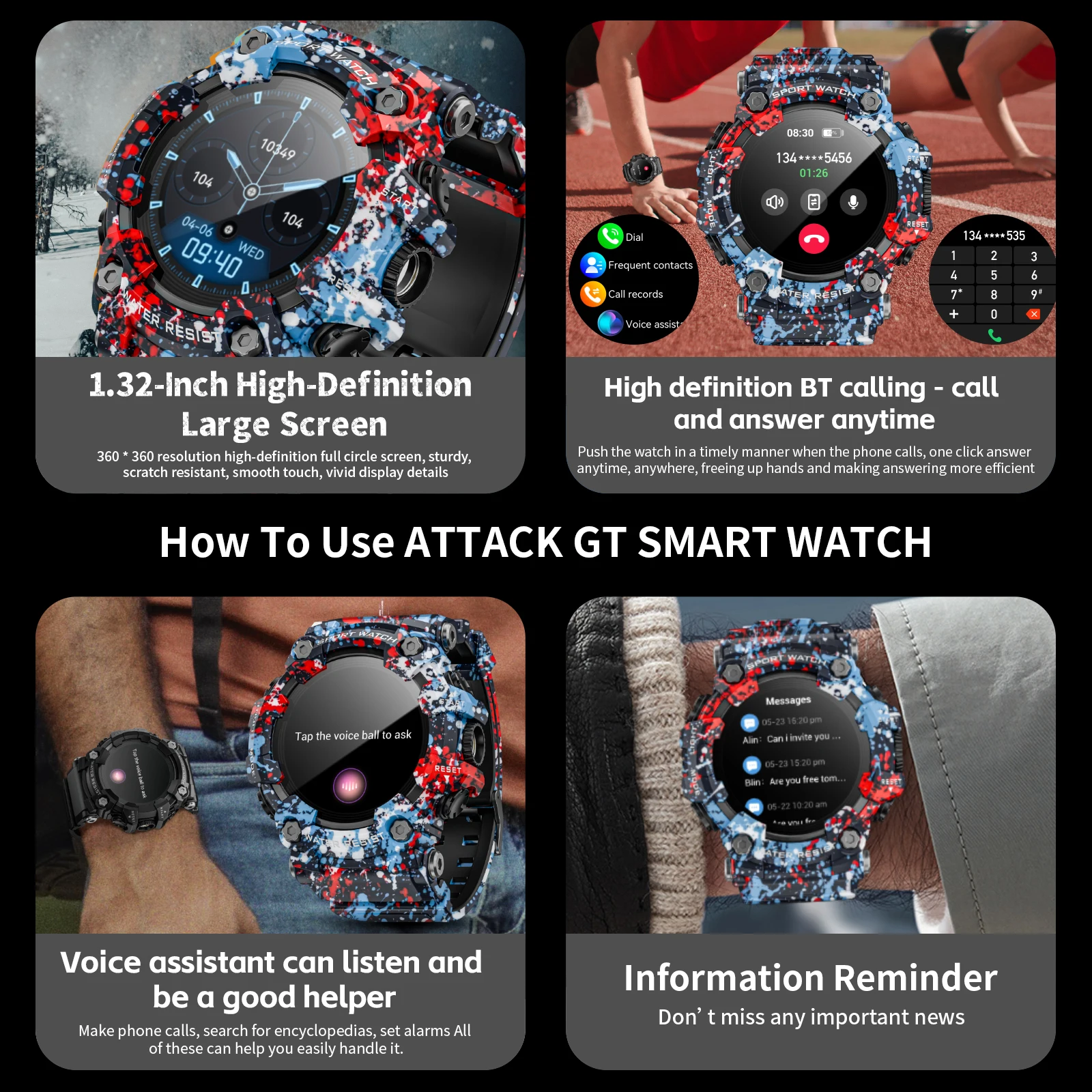 Прочные спортивные умные часы LOKMAT ATTACK-GT с Bluetooth-звонками красочные