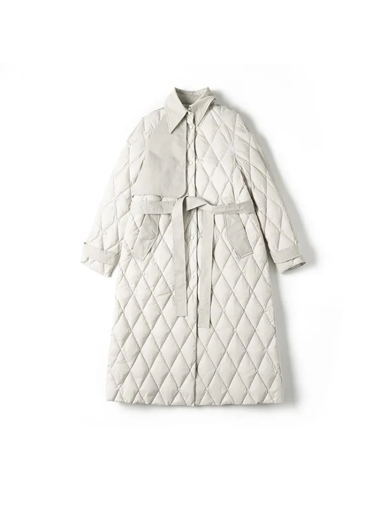 Europe 2022 Winter Fashion Long Lace Up Plaid Lattice Thin 90 White Duck Down Coats Women Black Single Breasted Warm Jackets