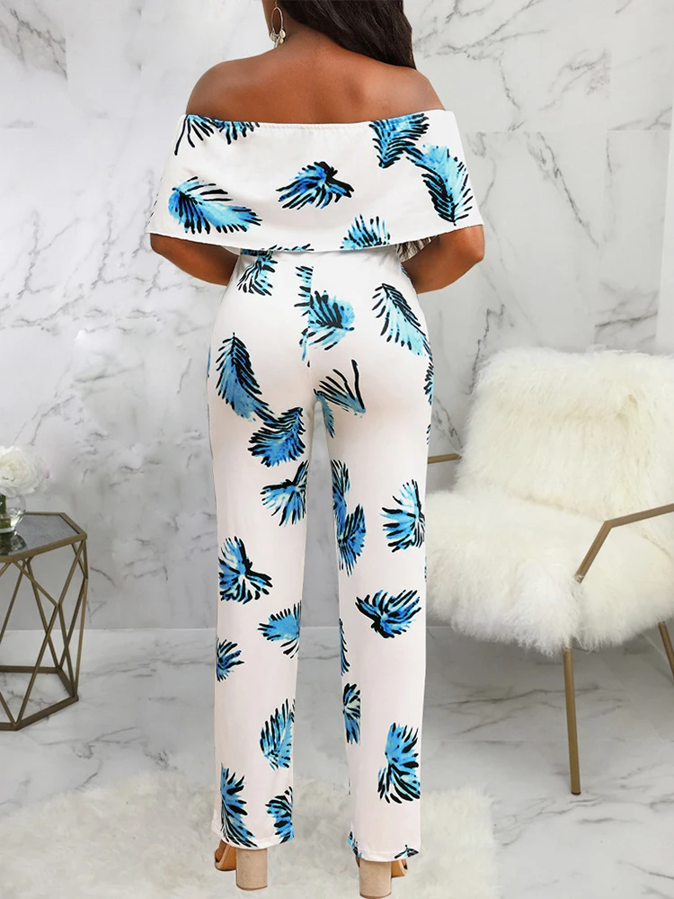 Office Ladies Leave Print Rompers Womens Jumpsuit Slash Neck Backless Straight Overalls Summer Beachwear Holiday Vacation Robe