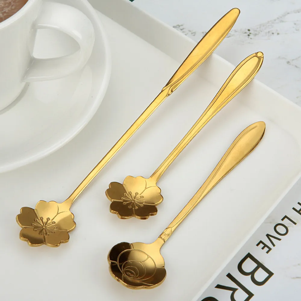 

Stainless Steel Spoon Creative Gift Long Cherry Stirring Spoon Golden Flower Spoon Kids Mini Ladle flatware Dessert Flower Spoon