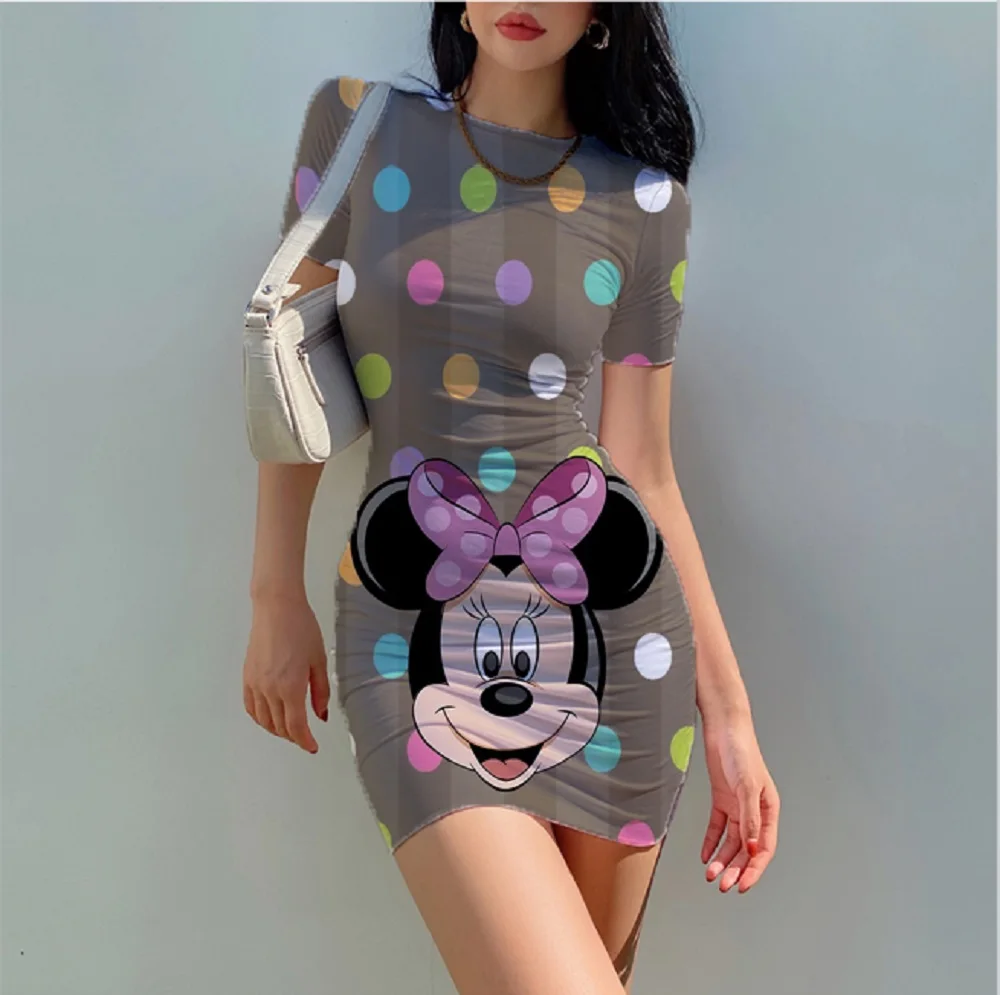 

Disney Minnie Mickey Mouse Dress Women Lady Girls Summer Sexy Bodycon O-Neck Short Sleeve Slim Polka Dot Mini Pencil Dresses