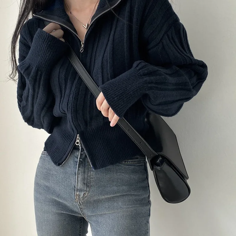 Корейский свитер с двойной молнией и лацканами повседневный длинными рукавами
