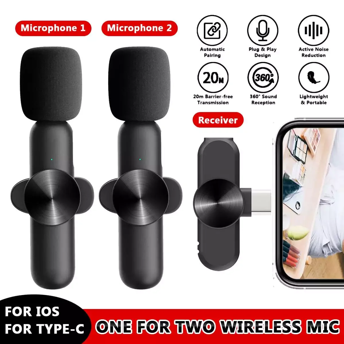 

Wireless Lavalier Microphone Mini Mic Studio Gaming for iPhone Type-C PC Microphone Computer Lapel Clip Professional Mic