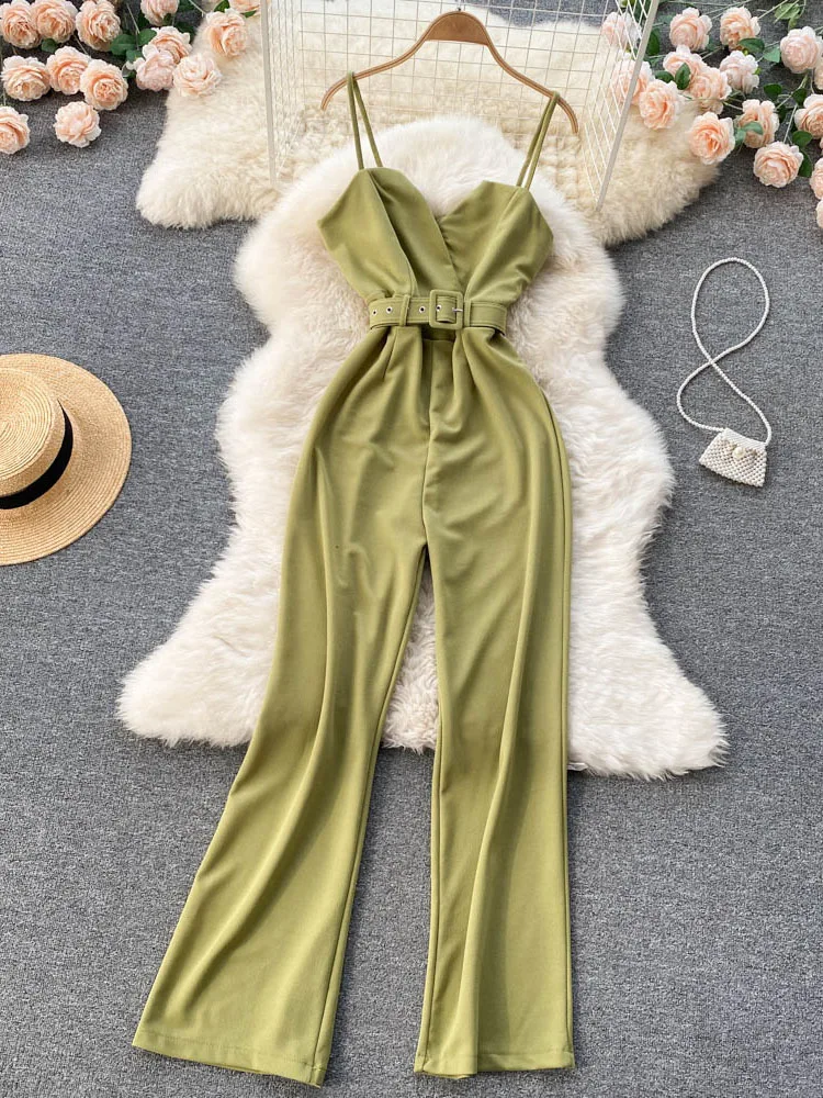 

Women new ladies Korean version of fashionable temperament sleeveless waist suspenders show thin wide leg jumpsuit female D0693