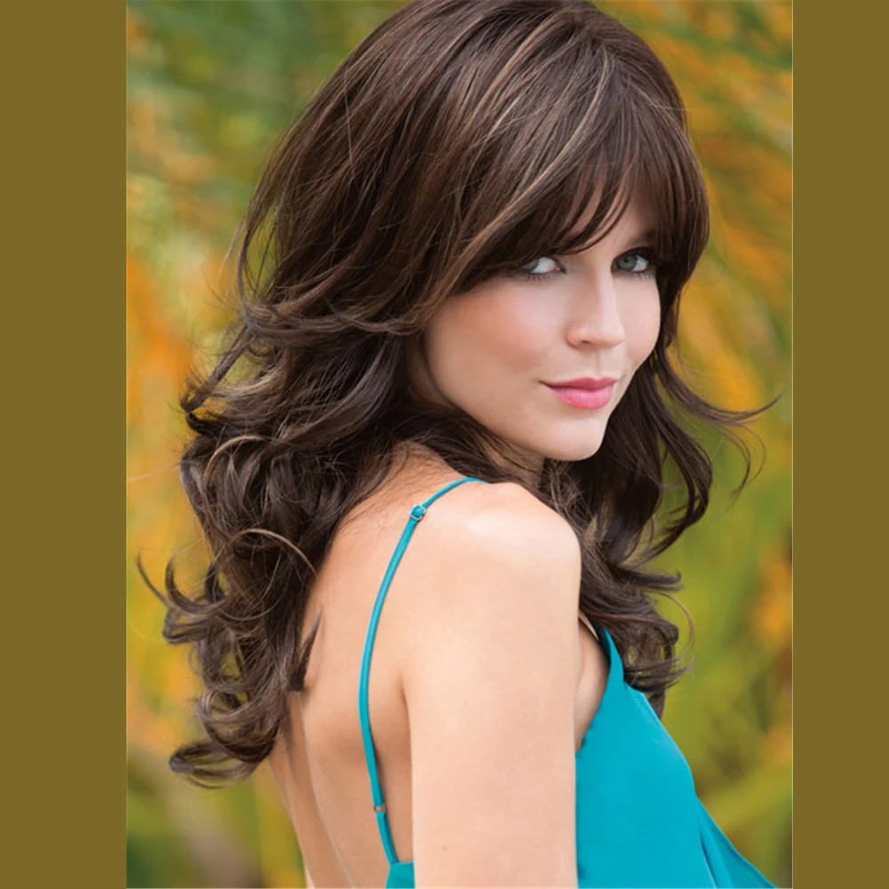 

GNIMEGIL Synthetic Long Curly Hair Brown Wig with Bangs for Women Mix Brown Natural Hairstyle Wigs for Ladies Mommy Wig Daily