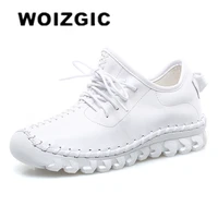 woizgic women female genuine leather white shoes flats loafers lace up sports breathable vulcanized shoes plus size 41 42