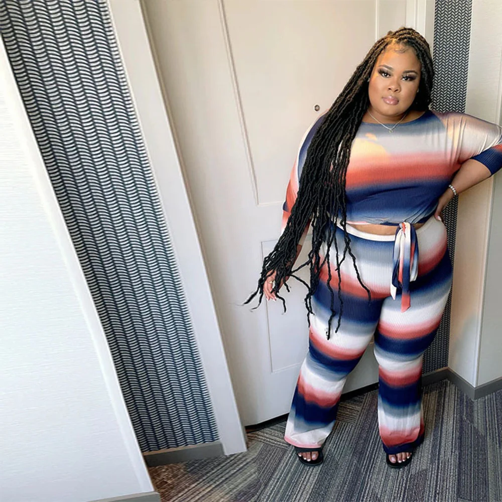 Plus Size Fall Clothing Two Piece Set Women Stripe Crop Bandge Top Elastic Waist Wide Leg Pants Sets Wholesal 3xl 4xl 5xl 6xl