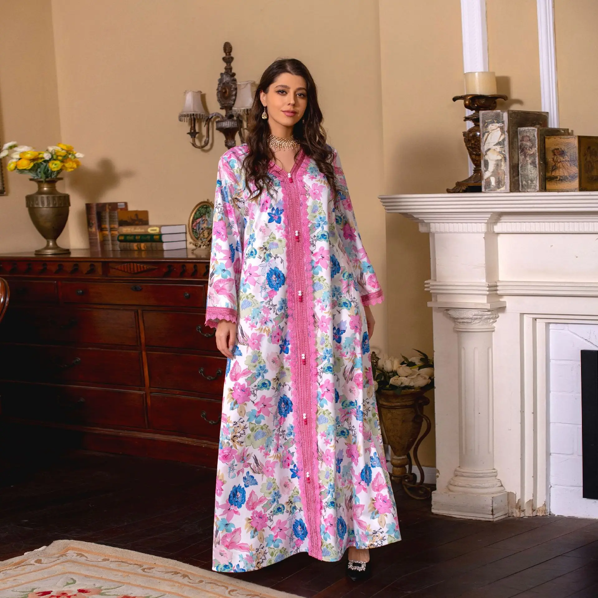 Eid Pink Embroidered Satin Dresses Muslim Long Sleeve Maxi Abaya Dubai Turkey Fashion Floral Print Jalabiya with Hijab