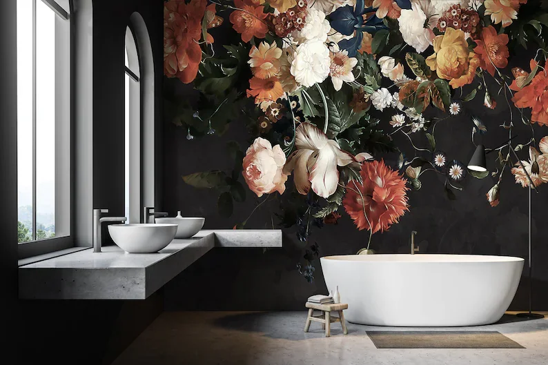 

Dark Floral Wallpaper Peel and Stick | Dutch Flower Wall Mural