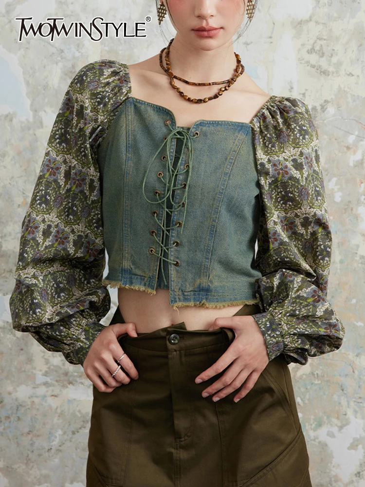 

TWOTWINSTYLE Vintage Floral Shirt For Women Square Collar Long Sleeve Patchwork Lace Up Temperament Elegant Blouse Female Style