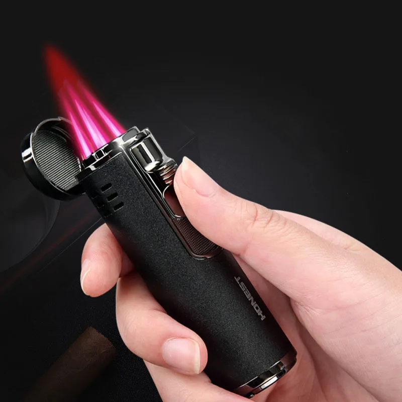 

Честная цилиндрическая металлическая газовая зажигалка для сигар, ветрозащитная четырехструйная турбина с синим пламенем, стандартный ре...